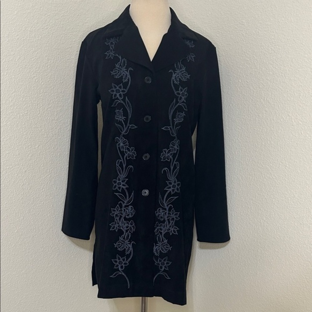 Susan Graver Black Blue Embroidered Jacket Duster with Floral Design